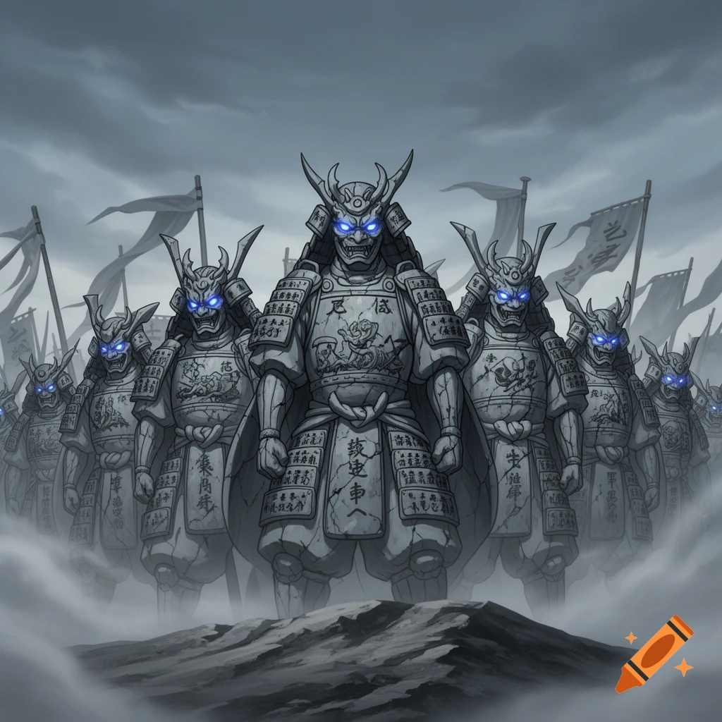 An army of stone samurai with glowing blue eyes stands menacingly in a foggy, gray landscape, in an anime art style.