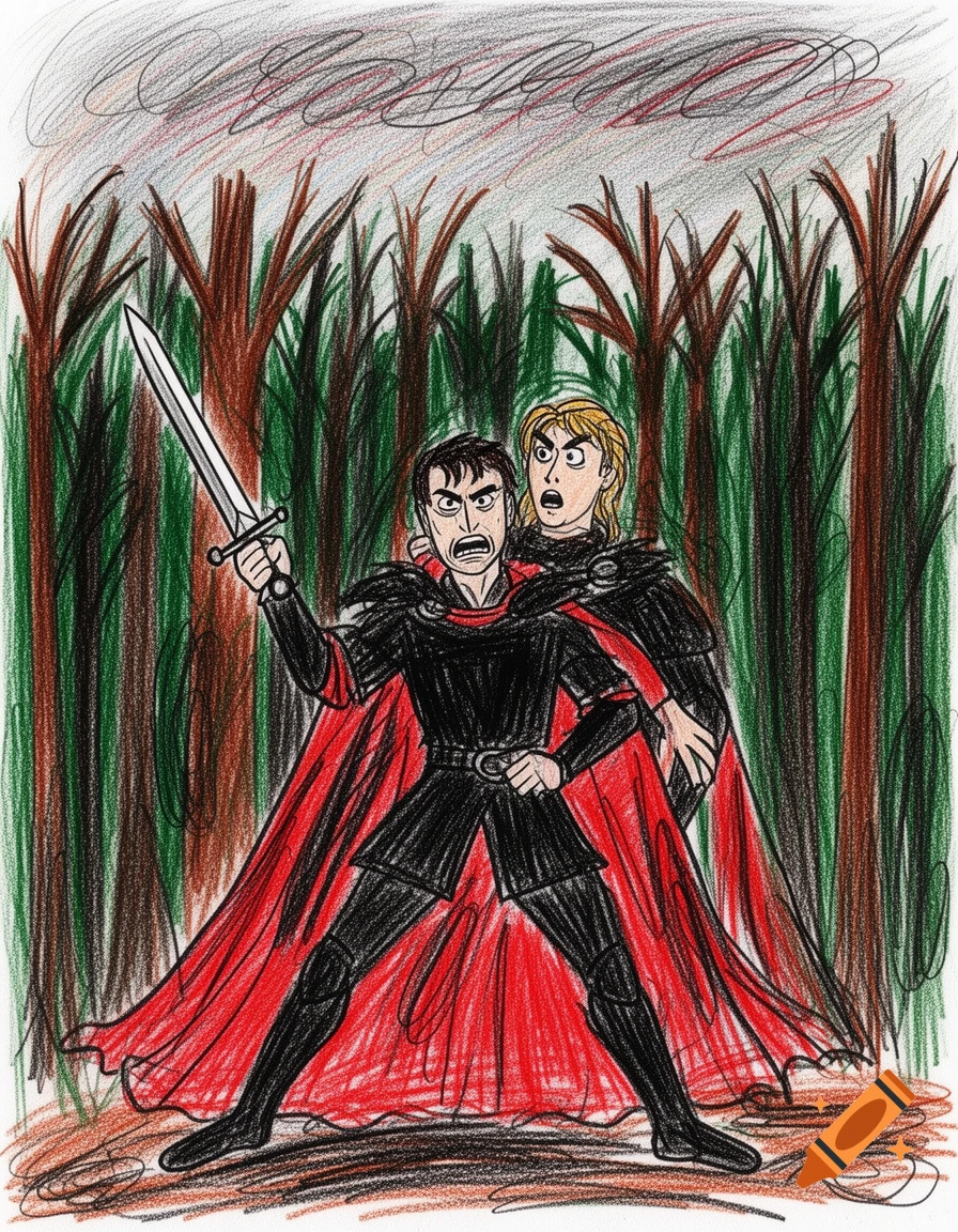 A crayon drawing of two men in a forest; one in a black and red cape aggressively holds a sword, another looks surprised behind him.