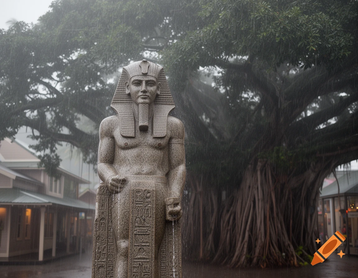 Photorealistic image of a granite statue of Egyptian King Ramses the Great standing in heavy rain in front of a large banyan tree and Lahaina Town buildings.