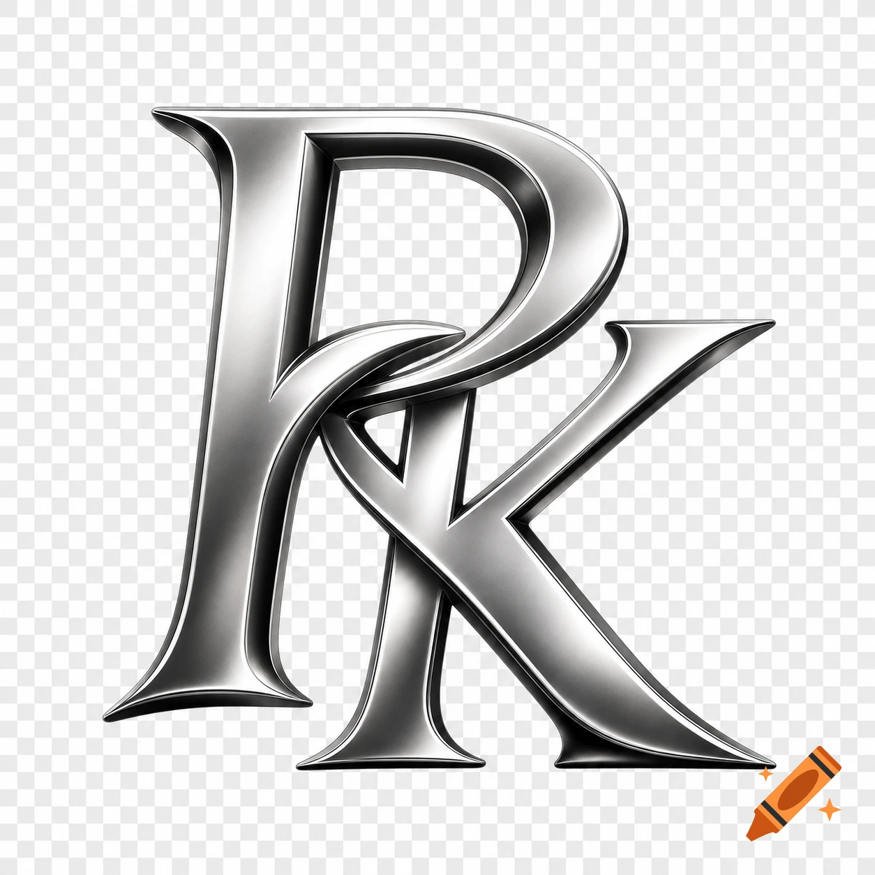 Silver, stylized letters P and K intertwined, with a metallic finish, on a transparent background.