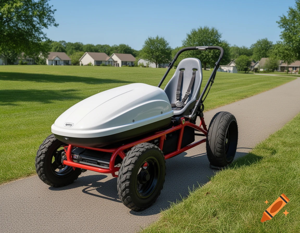 Custom vehicle with a white cargo box, gray stroller seat, red frame, and large tires on a paved path in a grassy suburban neighborhood.
