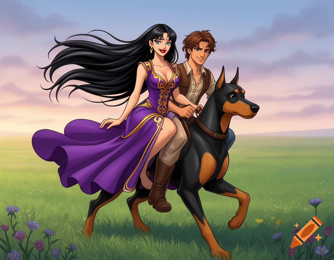 A cartoon woman in a flowing purple dress and a man ride a black Doberman through a grassy field under a cloudy sky.