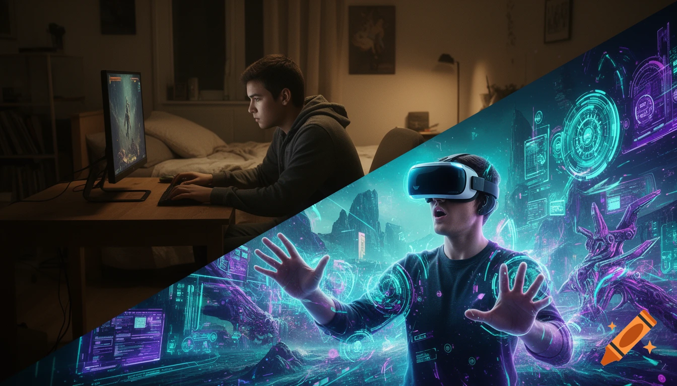 Split image shows a person gaming on a monitor in a dim room and amazed in a VR headset within a glowing cyber world.