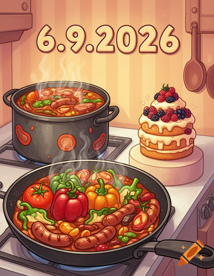 Cartoon kitchen scene with two steaming pots of food, a berry-topped cake, and the date 6.9.2026.