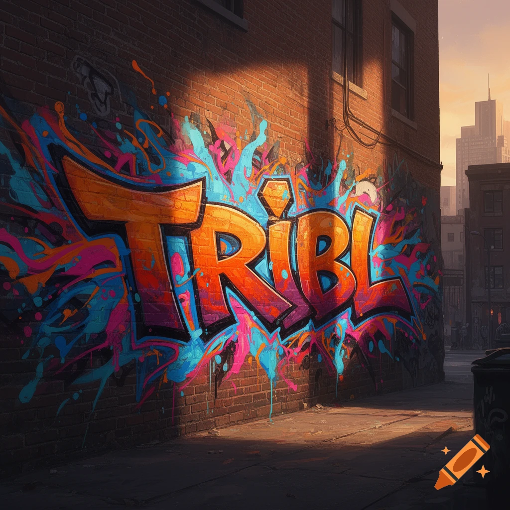 Vibrant orange and blue graffiti spelling 'TRIBL' on a brick wall in an urban alley, bathed in sunlight.