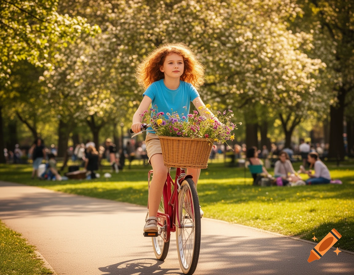 A young girl with curly red hair rides a red bicycle with a basket of colorful flowers through a sunny park.