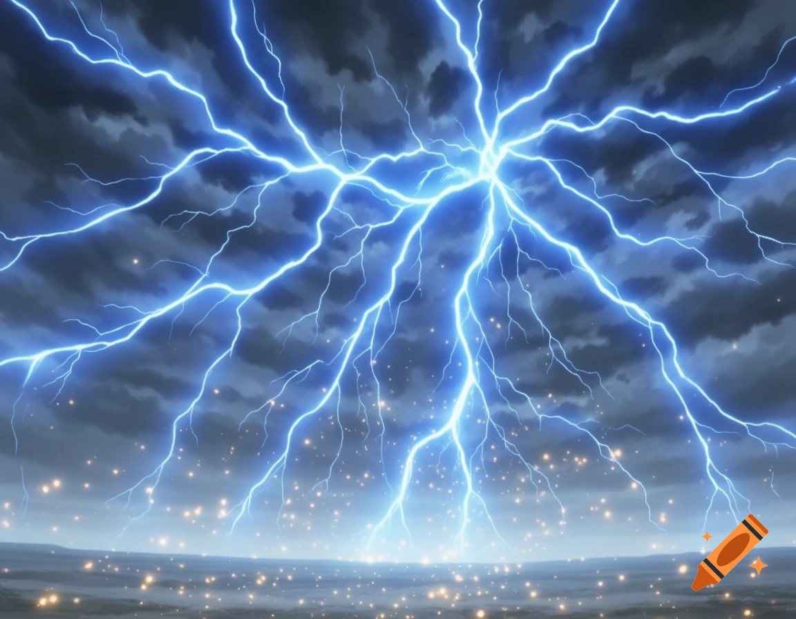 Blue lightning bolts crisscross a dark, cloudy sky, striking a sparkling ground below in an anime style.