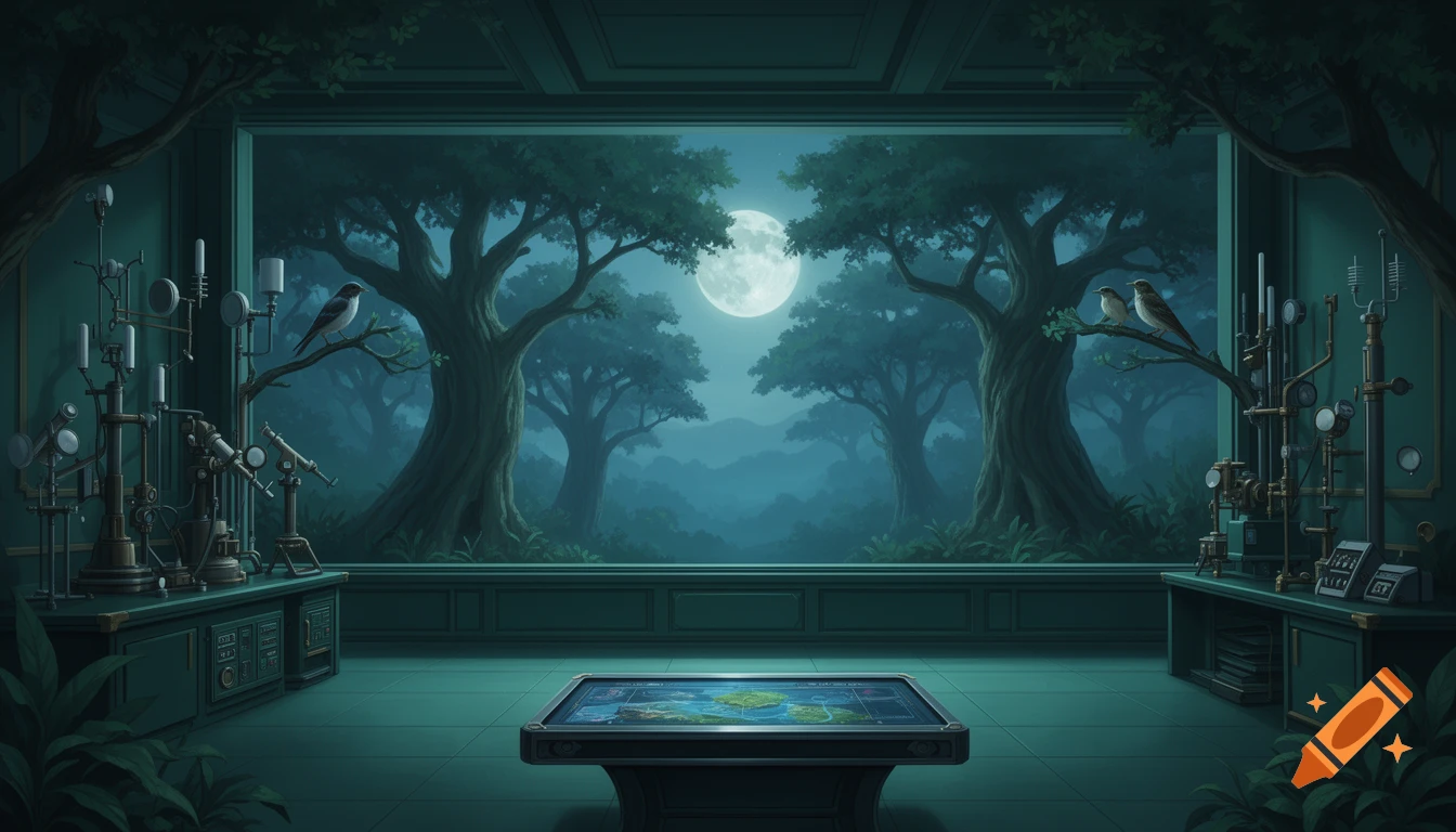 A fantasy illustration of a moonlit research room with tracking instruments, birds on branches, and a view of a dark forest.