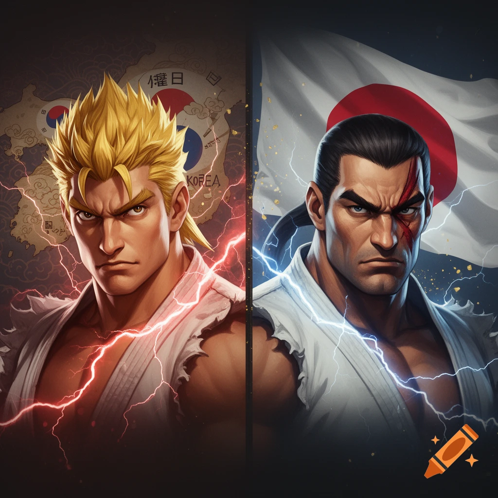 Anime-style split portrait of two muscular male fighters: Ken with red lightning and a Korean map, and Sagat with blue lightning and a Japanese flag.