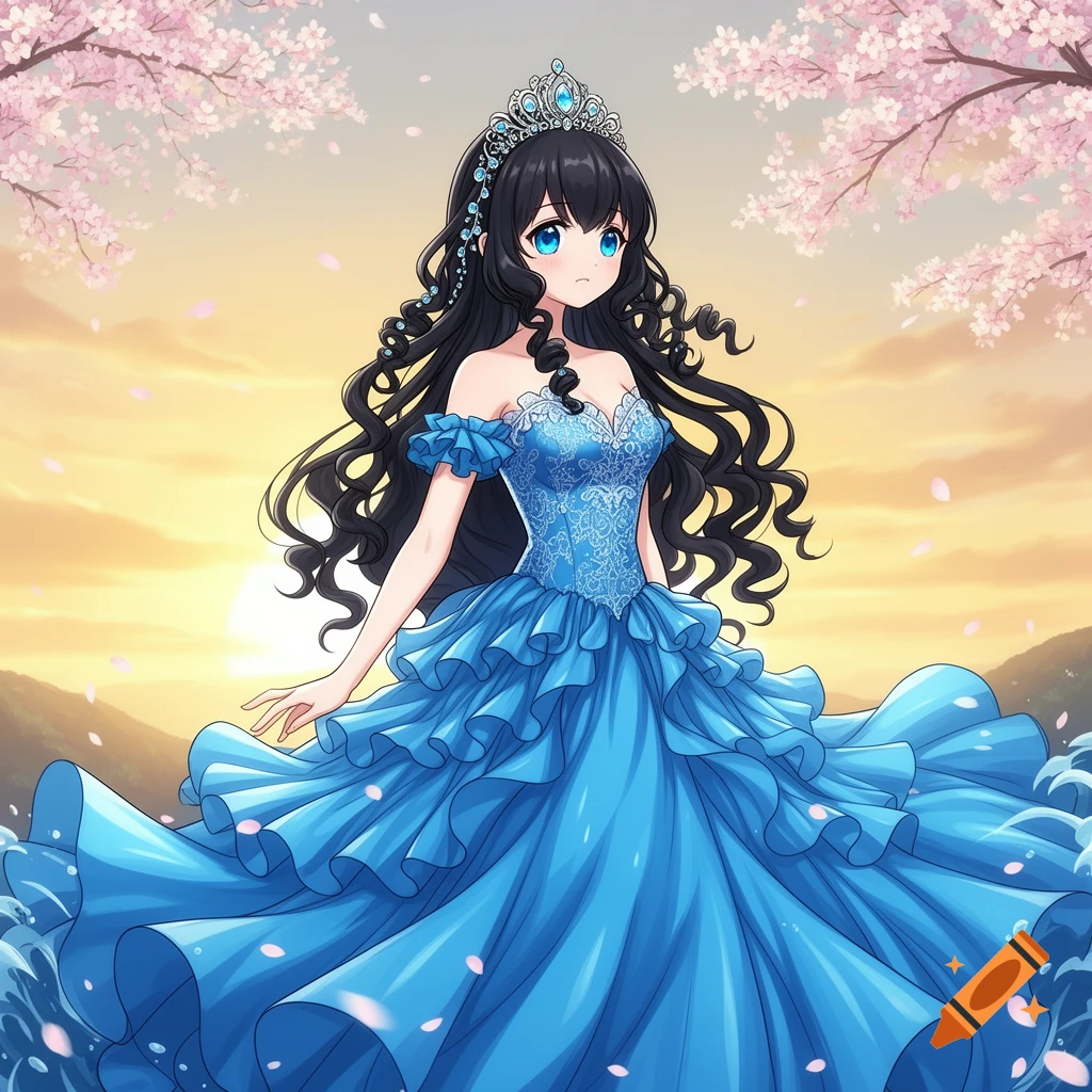 An anime girl with long black curly hair, blue eyes, wearing a flowing blue ruffled dress and a silver tiara, under pink cherry blossoms at sunset.