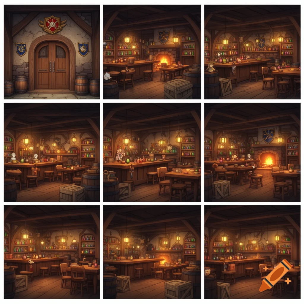 A 3x3 grid shows warm, charming, anime-style fantasy adventurer guild tavern interior concepts with wooden elements, fireplaces, and bottles.