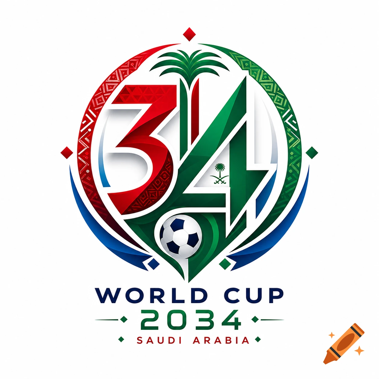 World Cup 2034 Saudi Arabia logo with numbers 34, palm tree, soccer ball, and flag colors.