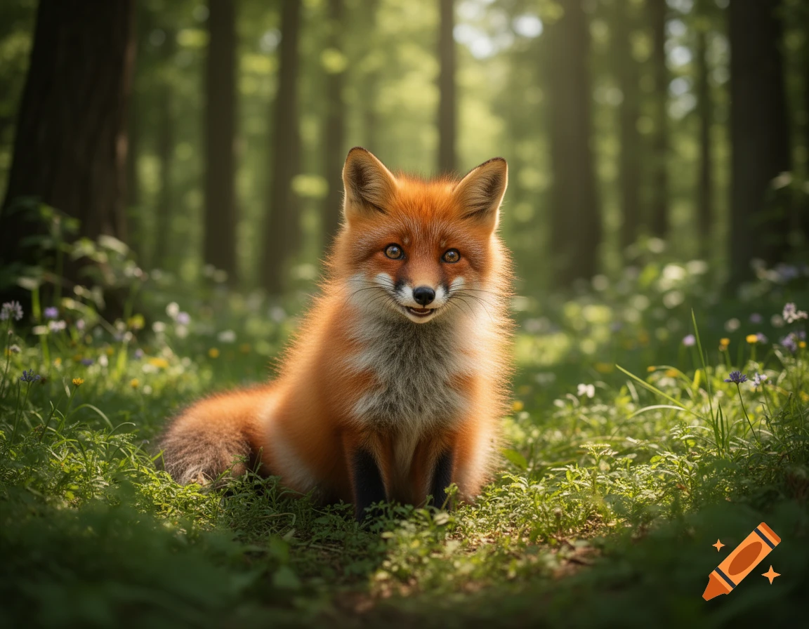 A cute red fox with a white chest sits in a sunlit forest surrounded by green foliage and small flowers, looking directly at the viewer.