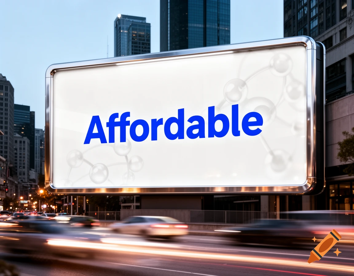 A blue sign reading "Affordable" on a city billboard overlooking a street with motion-blurred cars at dusk.