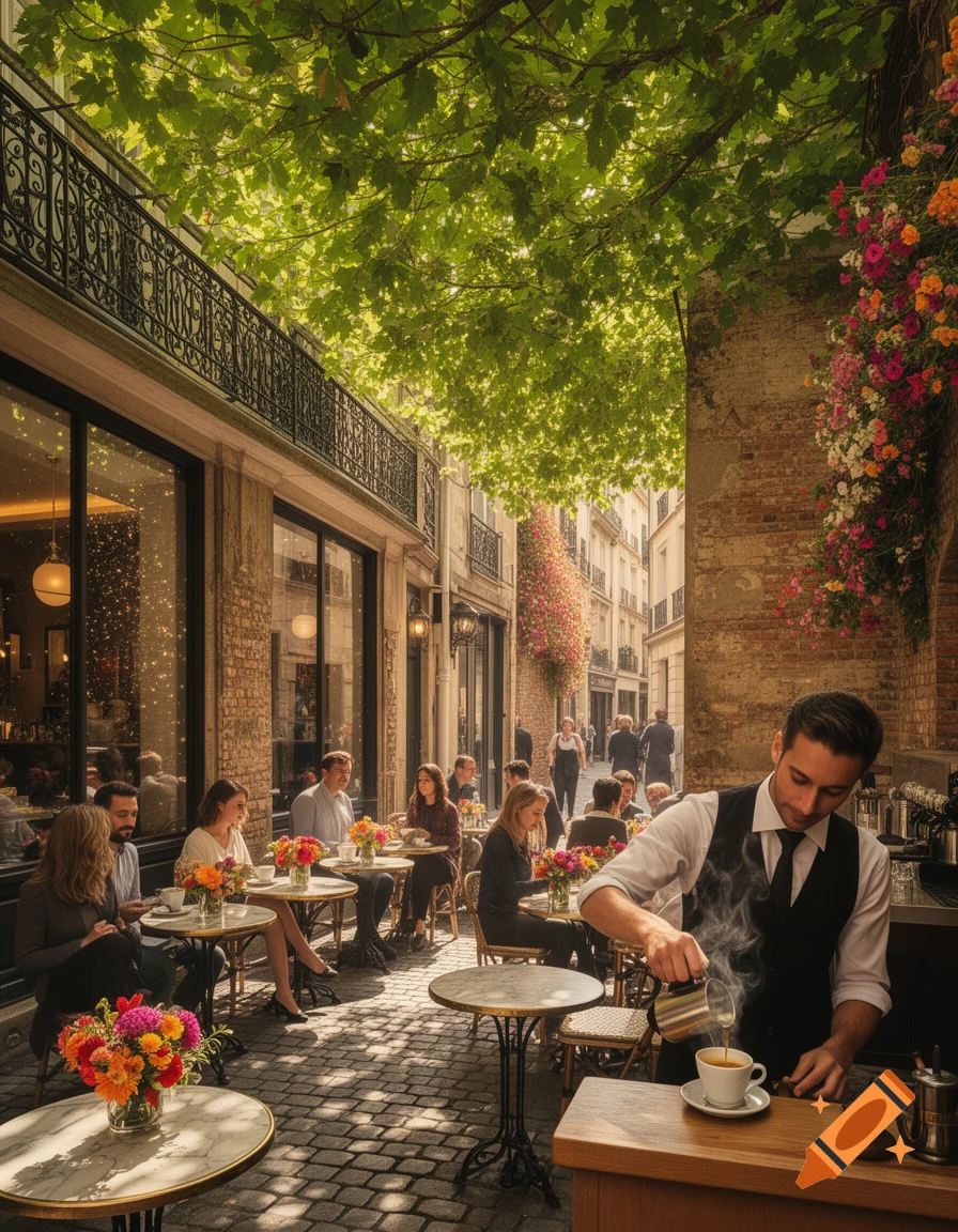 Photorealistic outdoor cafe on a cobblestone street with a barista pouring coffee, patrons at tables under lush green trees and colorful flowers.