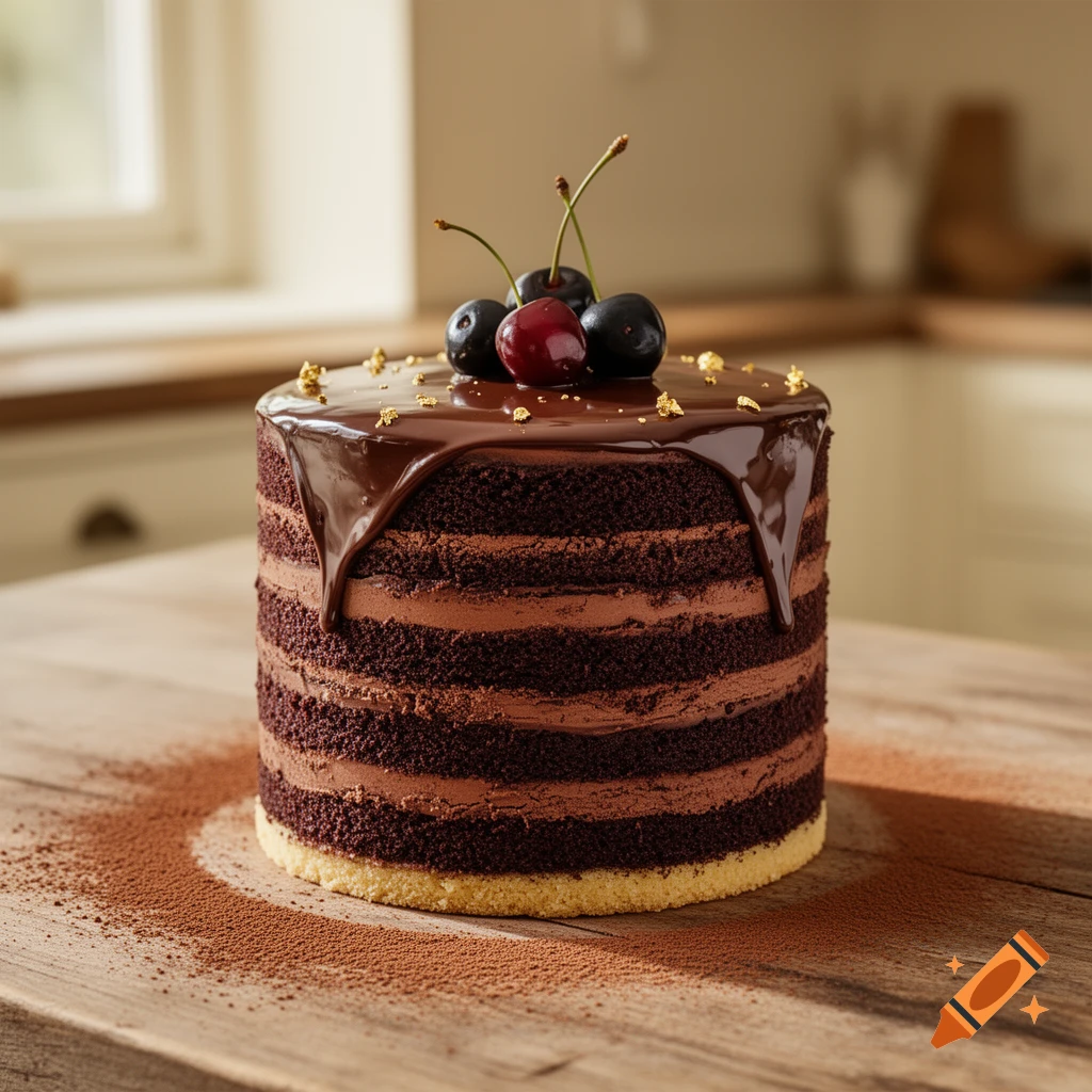 Photorealistic image of a tall, multi-layered chocolate cake with dripping ganache, topped with cherries and gold flakes, on a cocoa-dusted wooden table.