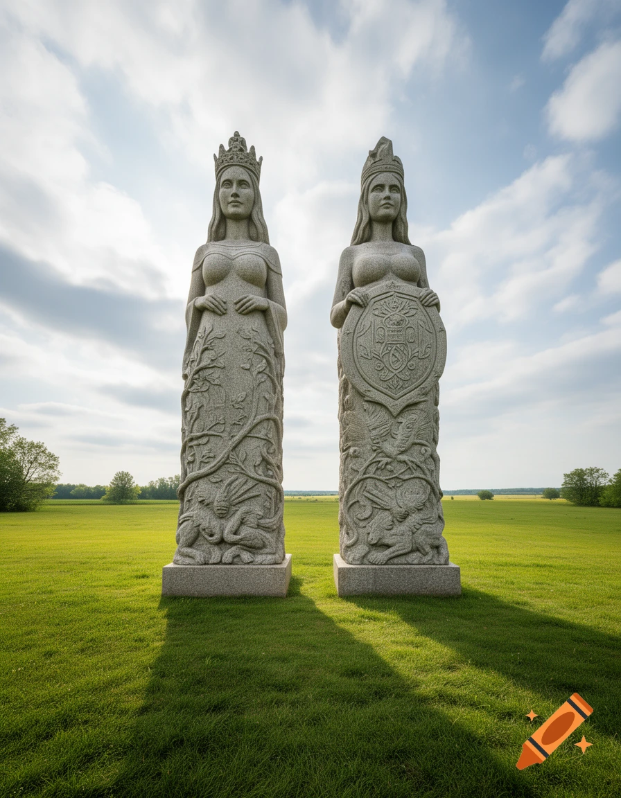 Two tall, intricately carved stone statues of crowned women, one holding a shield, stand in a bright green field under a partly cloudy sky.