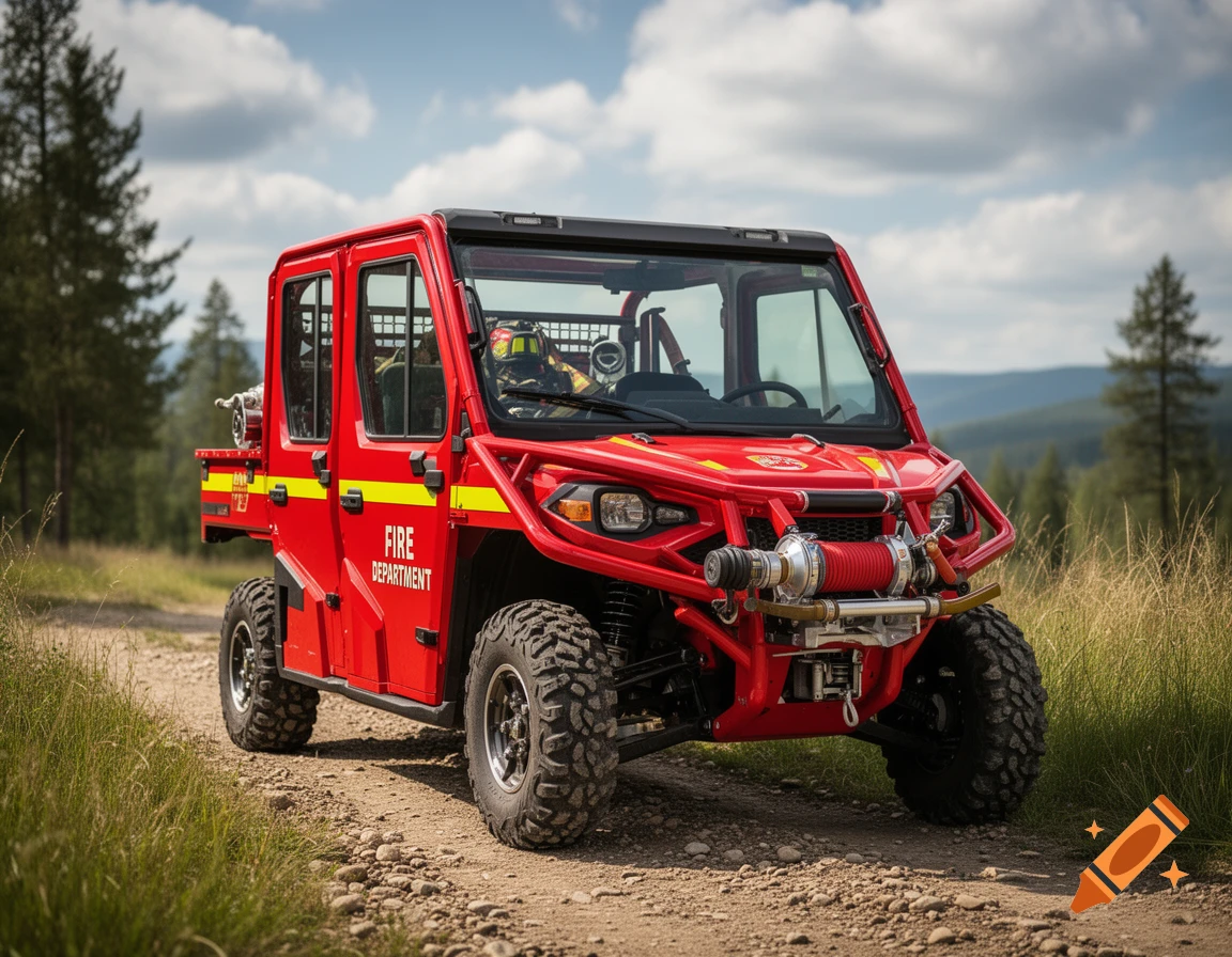 Red fire department UTV with yellow stripes parked on a gravel path under a cloudy sky.