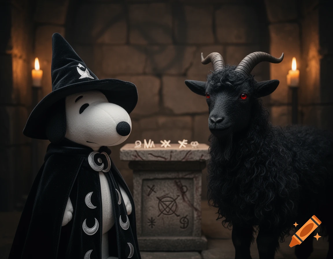 Snoopy dressed as a dark wizard with a black goat with glowing red eyes next to an altar in a torchlit stone chamber.