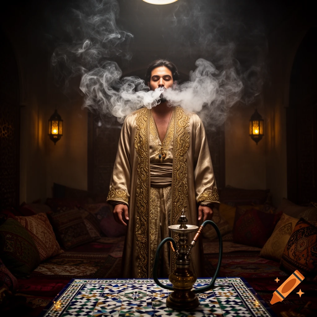 A man in golden, embroidered robes exhales smoke from a hookah in a dimly lit, richly decorated room.