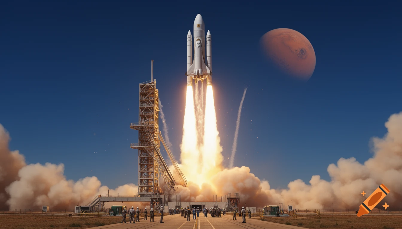 A large white rocket launching from a tower on Earth, with smoke and fire, under a deep blue sky with the planet Mars visible.