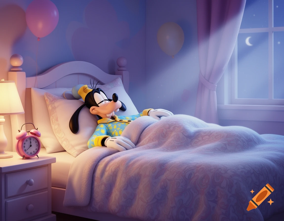 Goofy, a cartoon dog, sleeps soundly in a cozy bed at night, with a lamp and alarm clock on the nightstand.