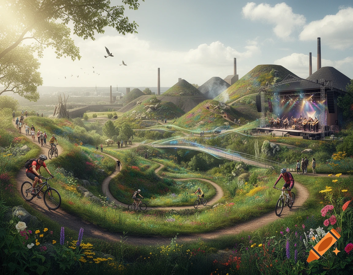 A vibrant landscape park featuring people cycling on winding paths, walking, and attending an outdoor concert amidst colorful hills and industrial chimneys.