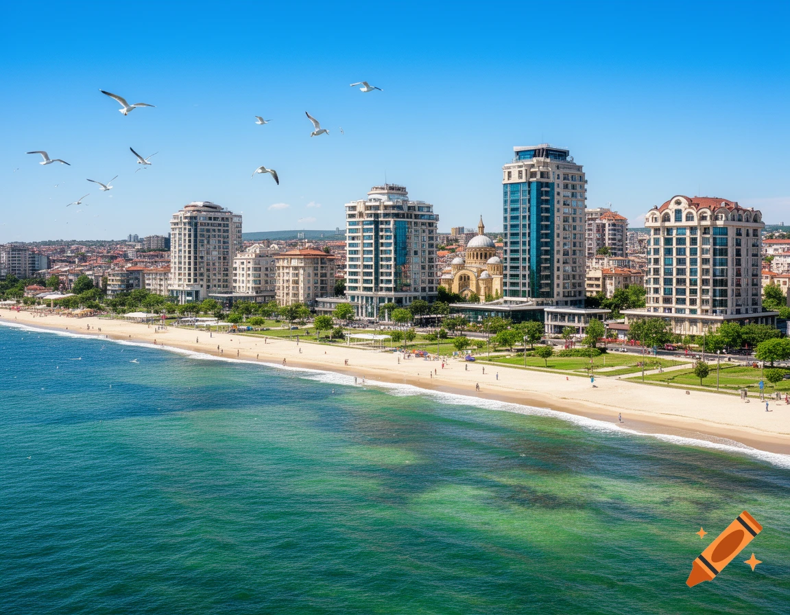 Sunny panoramic view of a coastal city, modern buildings line a sandy beach with turquoise ocean under a clear blue sky, seagulls fly.