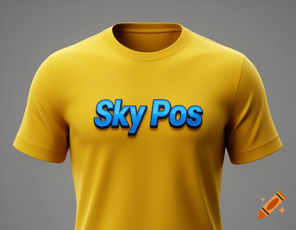 Photorealistic yellow t-shirt with the text "Sky Pos" in blue on the chest.
