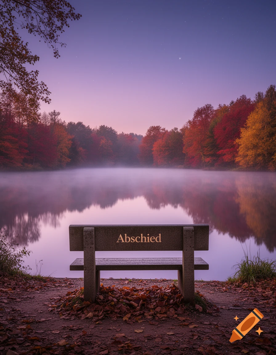 A serene autumn landscape with a bench by a misty lake, surrounded by vibrant fall trees under a twilight sky. The word 'Abschied' is on the bench.