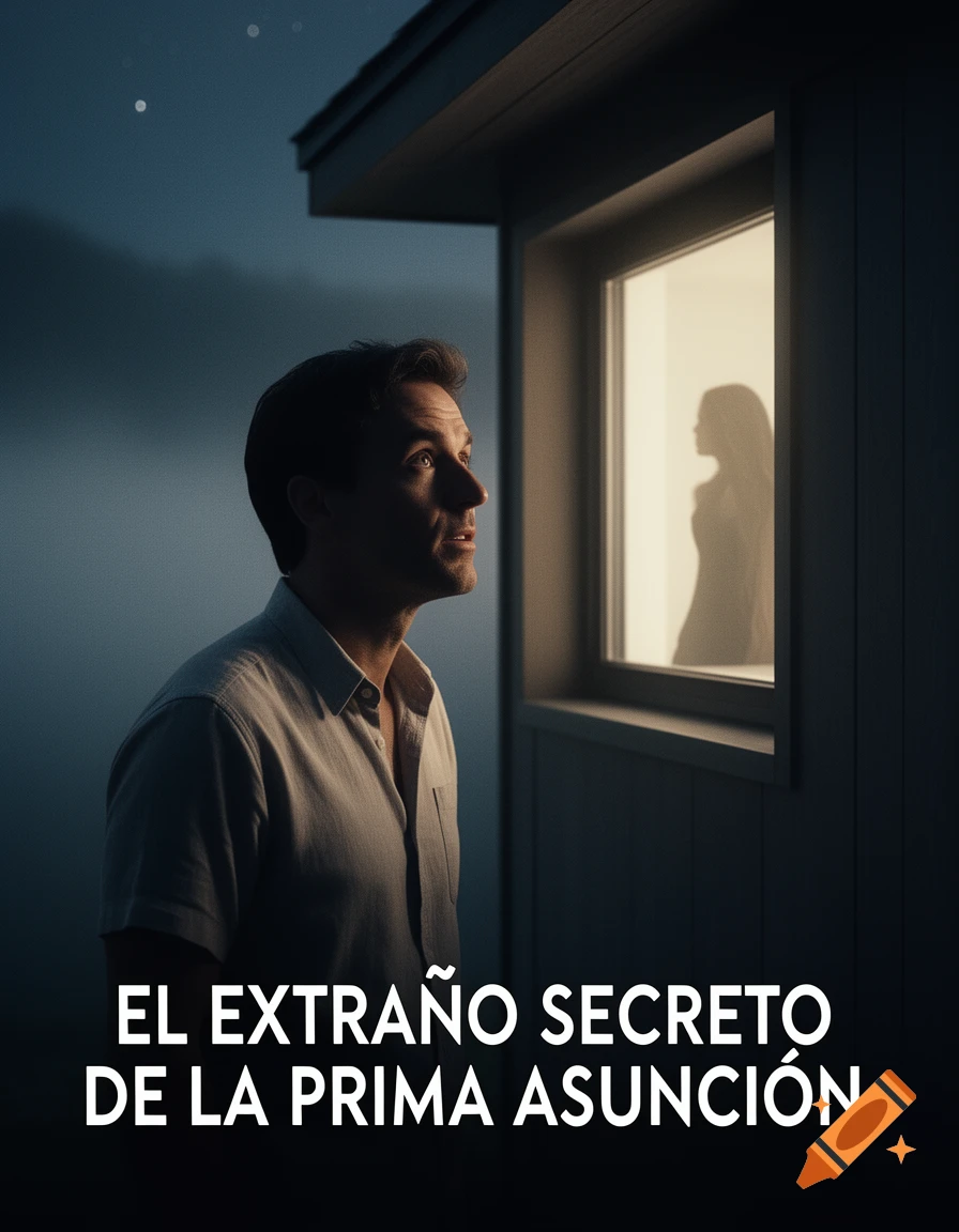 A man looks up at a window at night, where a woman's silhouette is visible. Text reads "EL EXTRAÑO SECRETO DE LA PRIMA ASUNCIÓN".