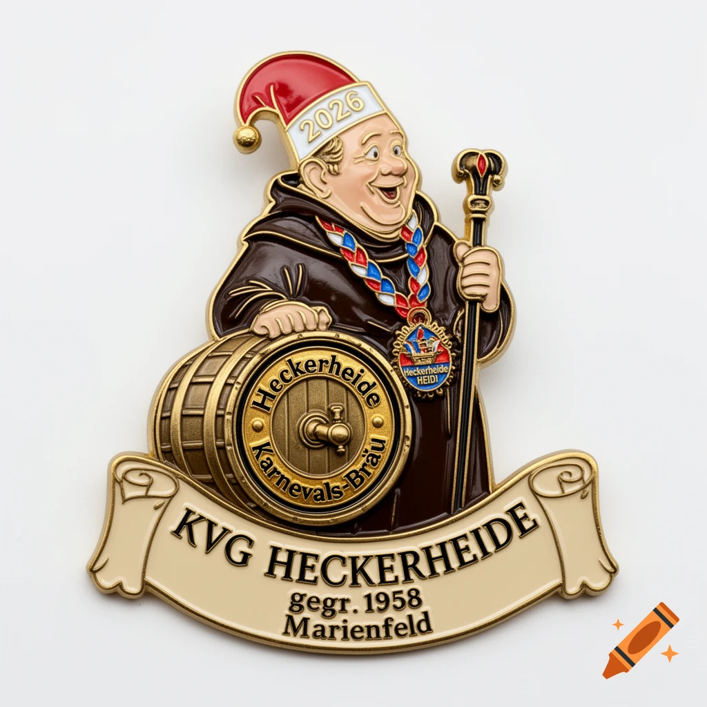 An enamel pin featuring a cartoon monk in a red hat and brown robe, holding a staff and beer barrel with text '2026' and 'Heckerheide'.