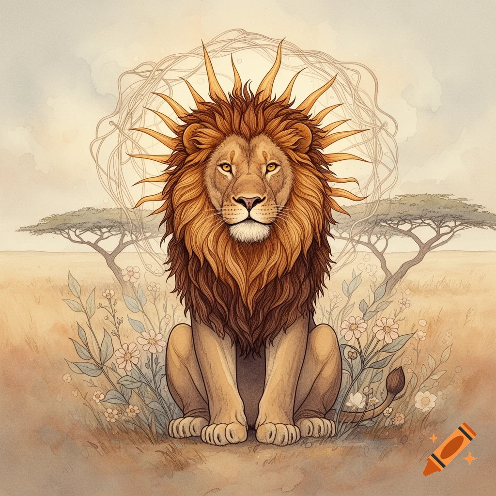 A stylized golden lion with a sun-like mane sits in a grassy savanna with acacia trees and wildflowers in a watercolor illustration.