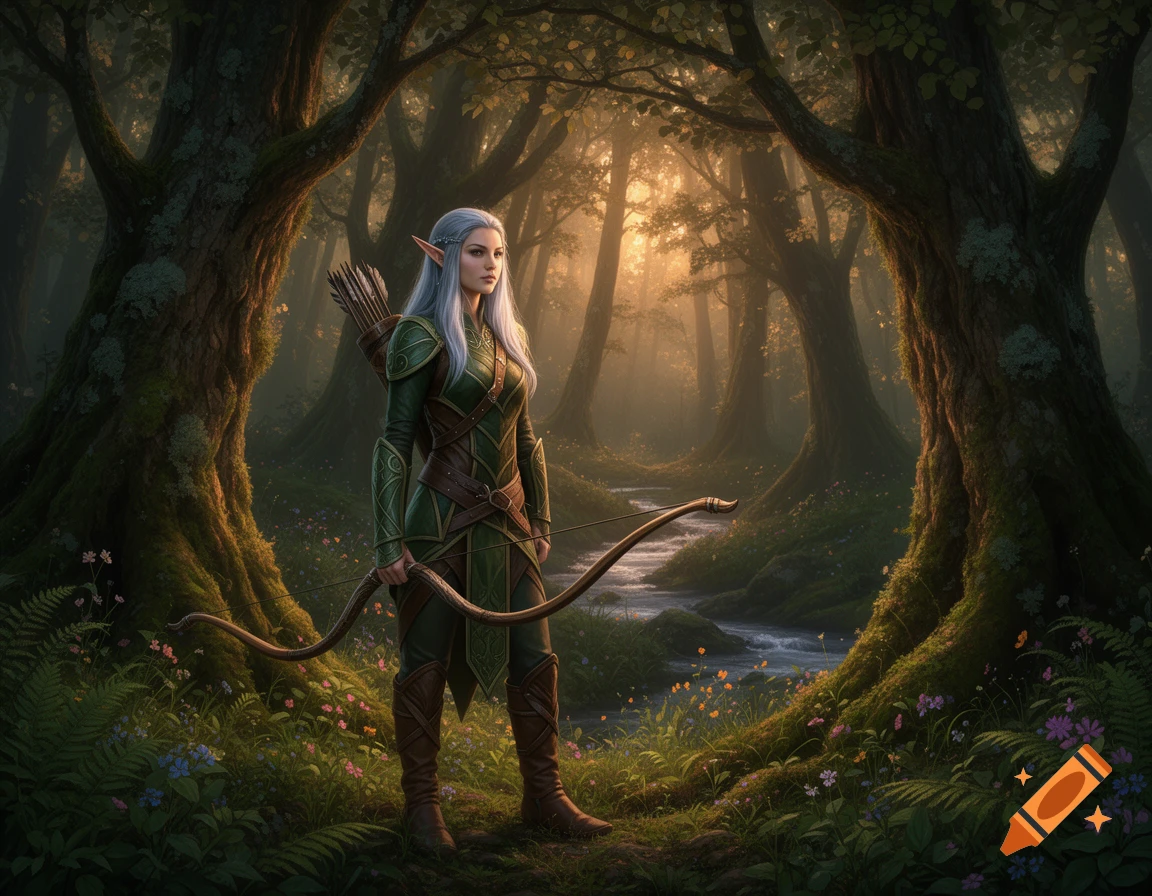 A long-haired elf ranger in green armor with a bow stands in a magical sunlit forest with a stream.