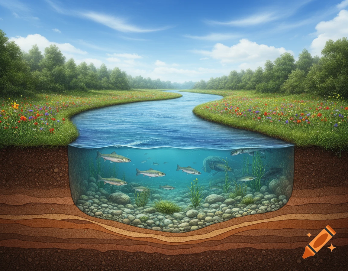 Detailed illustration of a river cross-section with fish, aquatic plants, soil layers, wildflowers, and trees under a blue sky.
