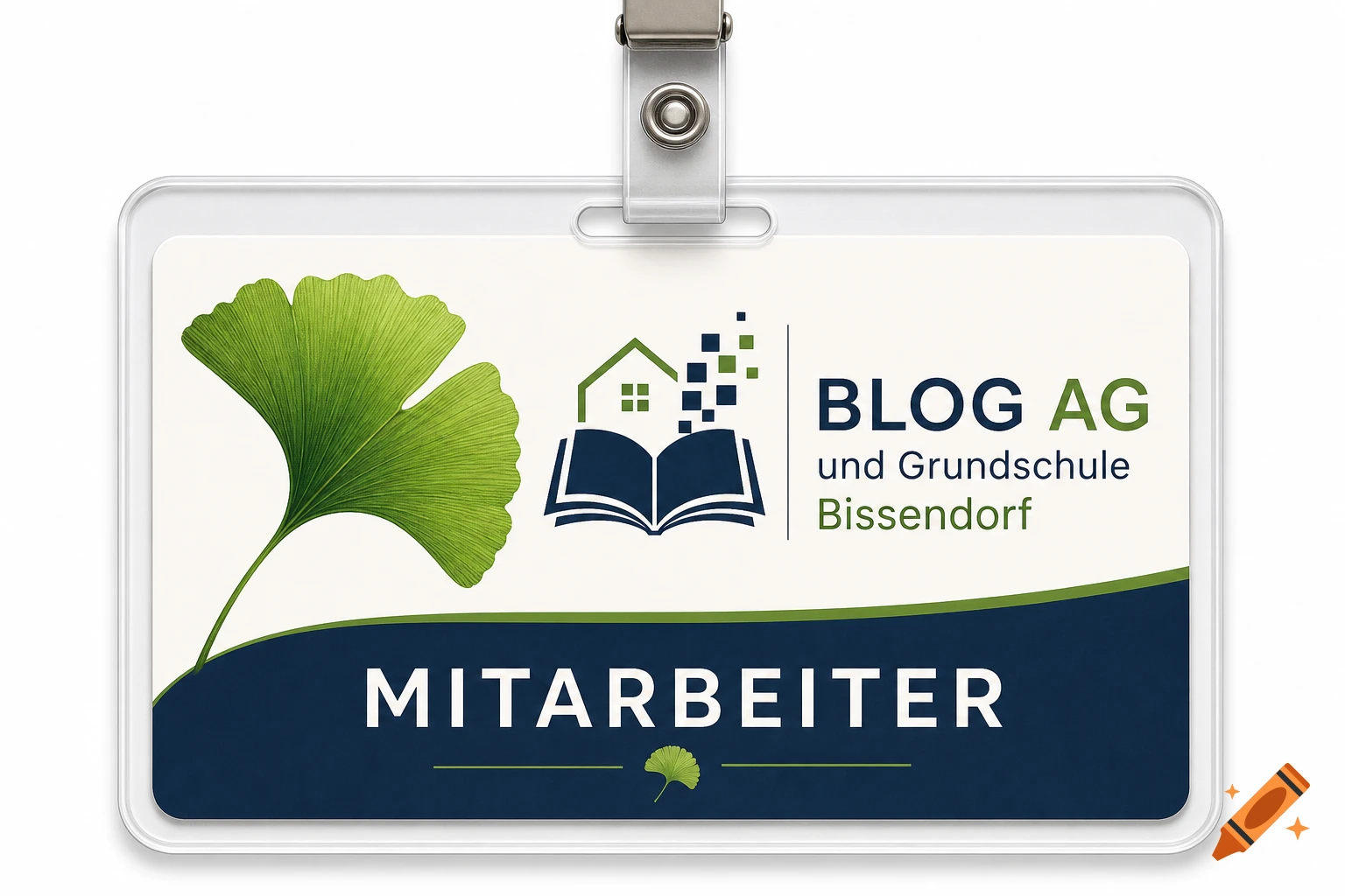 White ID badge with a green ginkgo leaf, a logo of a house and open book, and text 'BLOG AG und Grundschule Bissendorf' and 'MITARBEITER'.