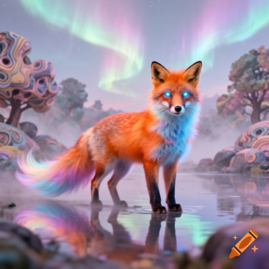 A vibrant orange fox with glowing blue eyes and a rainbow tail stands in shallow water, reflecting a misty, colorful dreamcore landscape.