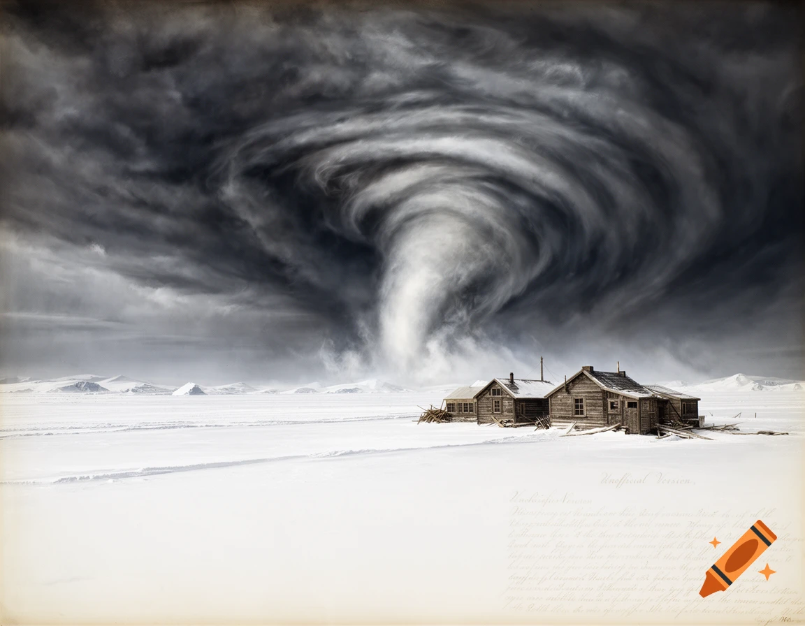 Dramatic black and white image of a swirling tornado dominating the sky above two old wooden cabins in a vast, snow-covered Antarctic landscape.