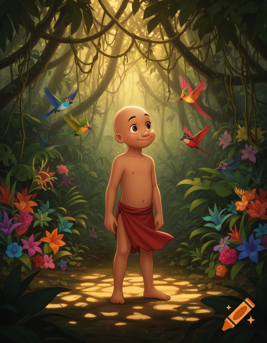 A bald cartoon child, resembling Mowgli, in a red loincloth stands in a sunlit jungle clearing with colorful birds flying among vibrant foliage.