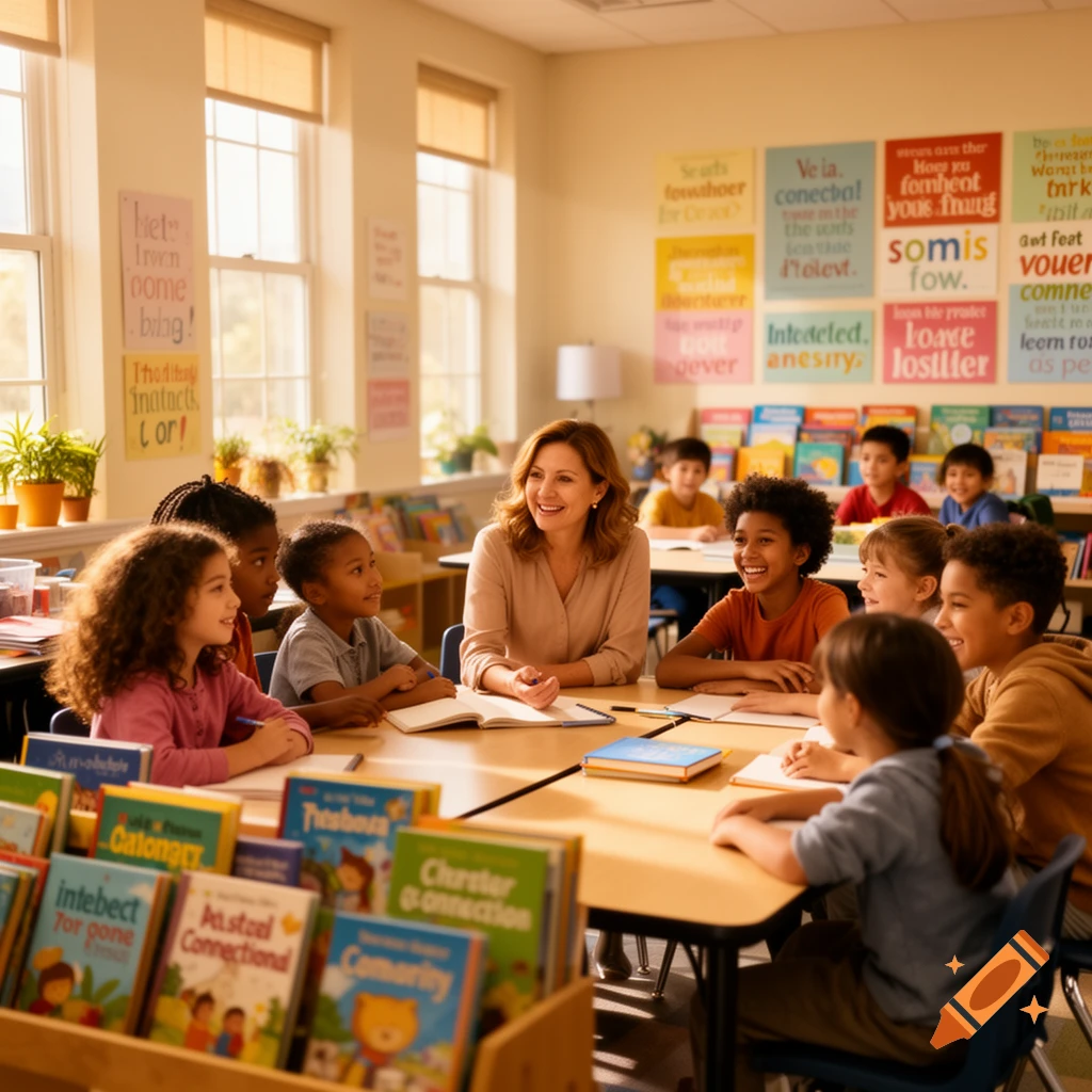 A diverse group of elementary school children smiling while sitting at desks with their female teacher in a brightly lit classroom.