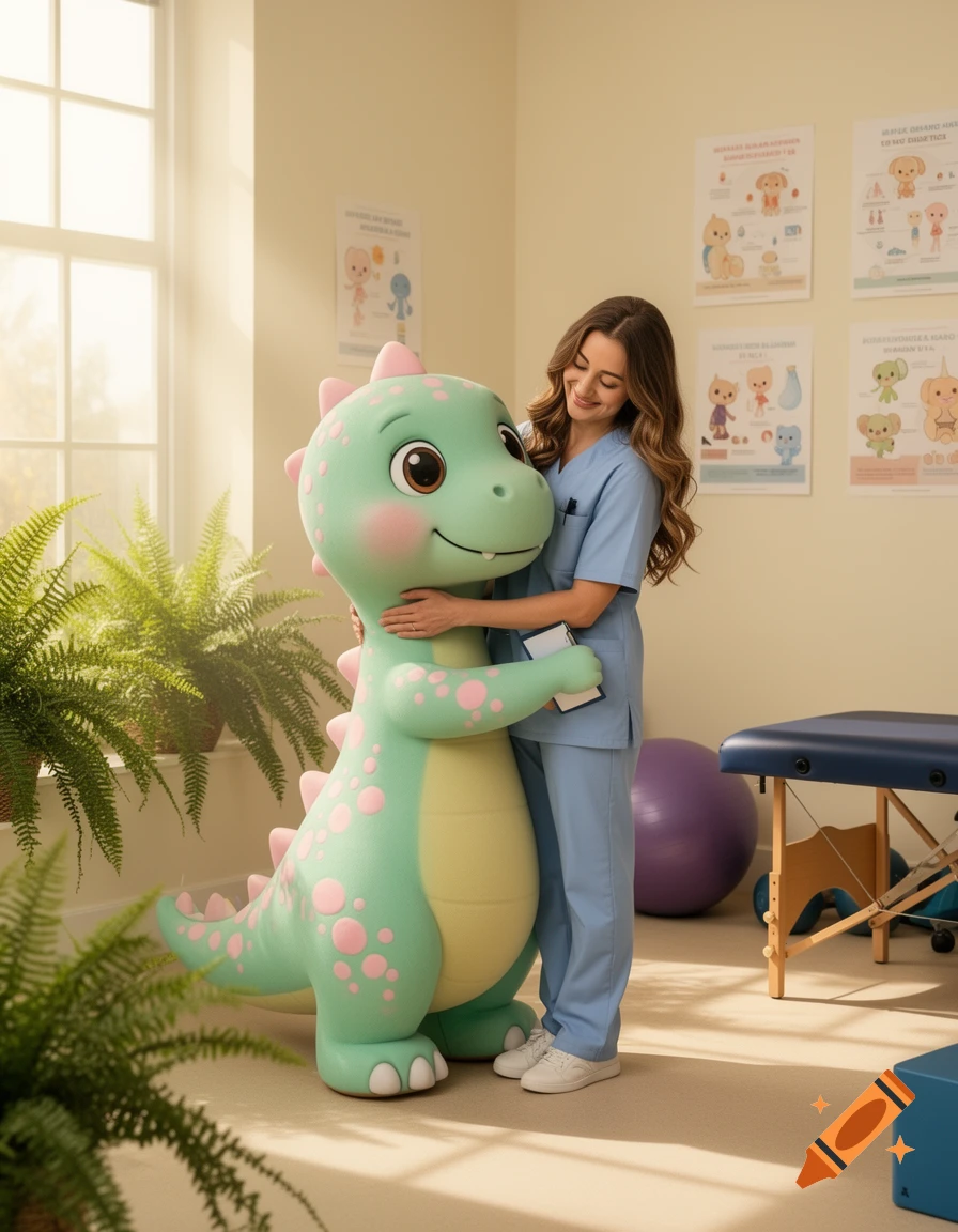 A smiling physical therapist in blue scrubs hugs a large, cute, cartoonish green dinosaur in a bright medical office with plants and posters.