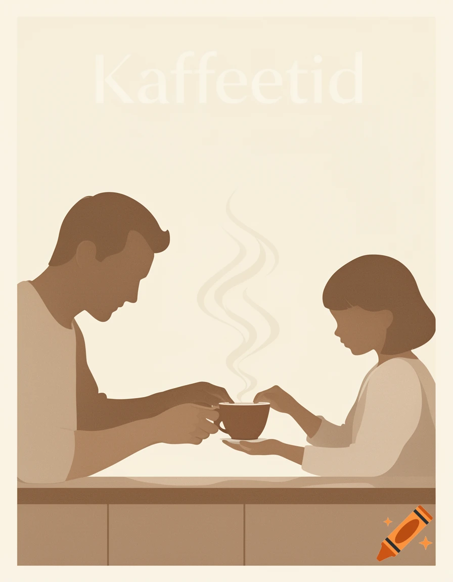 Minimalist illustration of a man giving a steaming cup to a child at a table, with 'Kaffeetid' at the top.