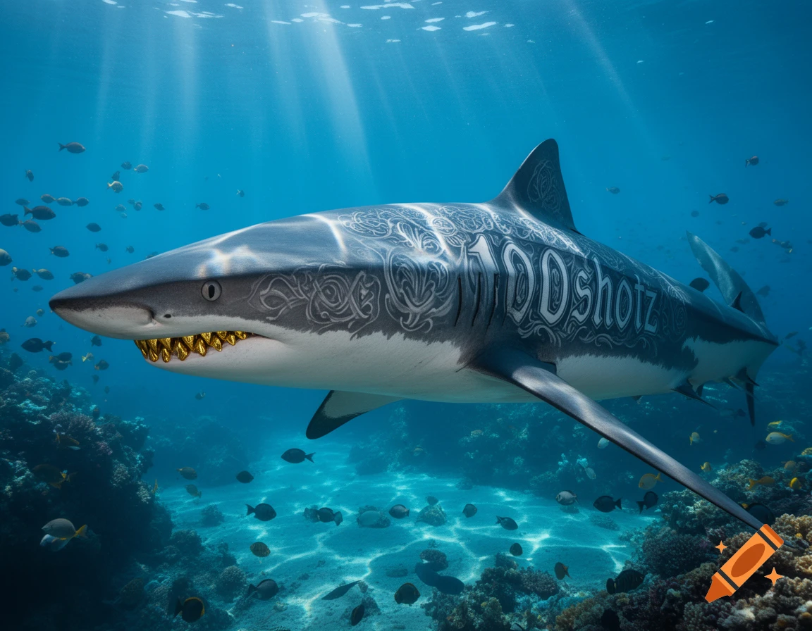 A photorealistic shark with prominent gold teeth and a "100shotz" tattoo on its side swims through sunlit clear blue water above a coral reef with small fish.