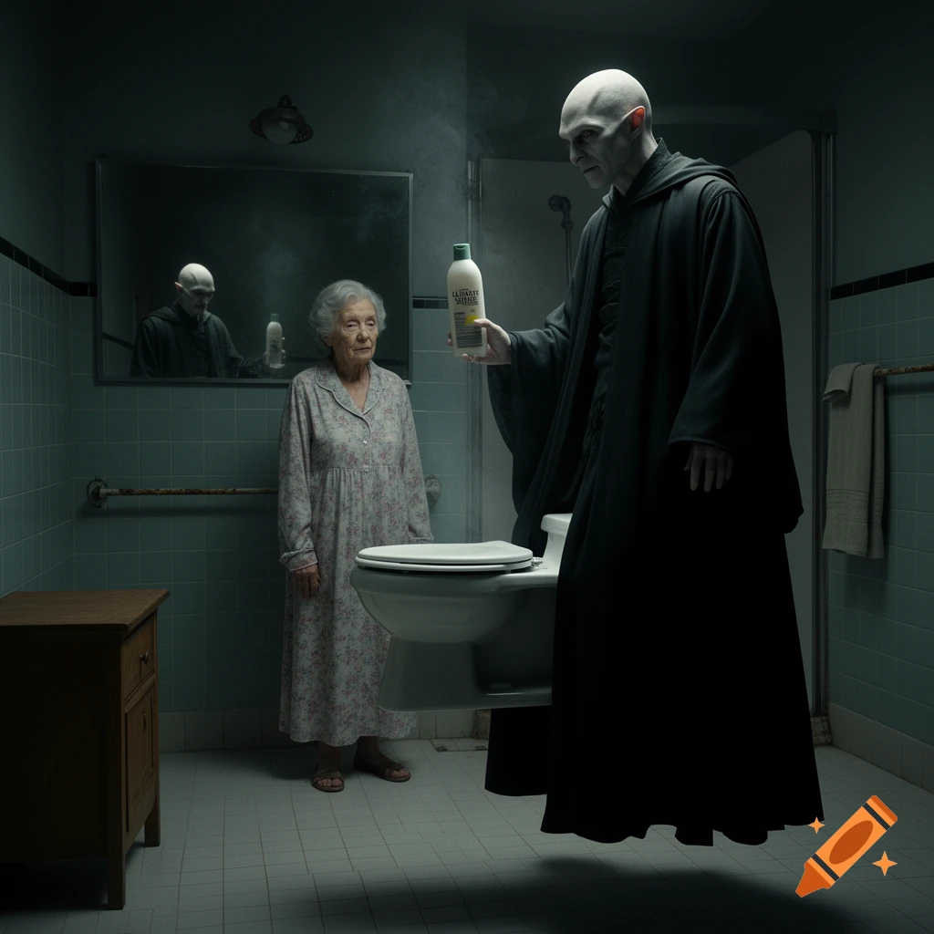 Voldemort floats in a bathroom, holding up a shampoo bottle to an elderly woman standing by a toilet in a photorealistic style.