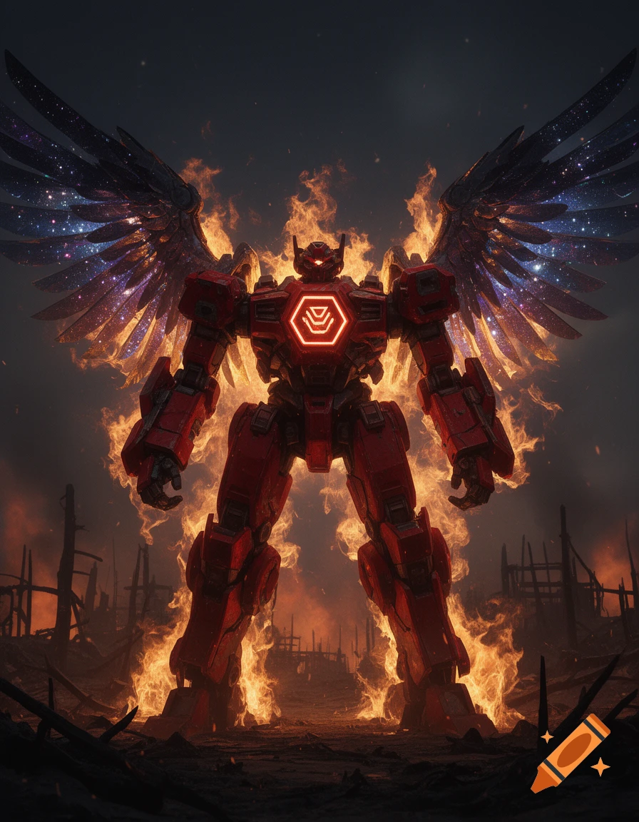 A colossal red mech with a glowing hex on its chest and starry wings stands amidst raging flames in a ruined landscape.