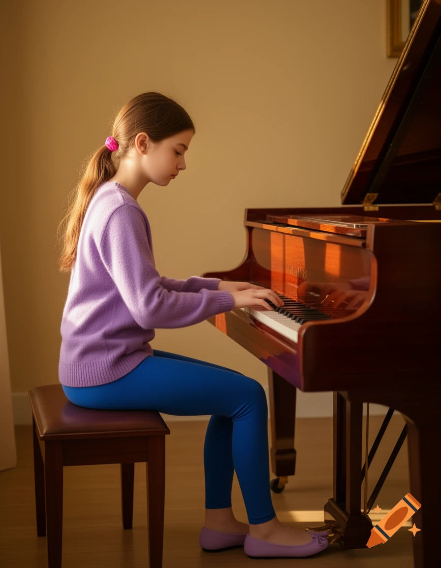 A girl with a ponytail in a purple sweater and blue leggings plays a wooden grand piano in a sunlit room.