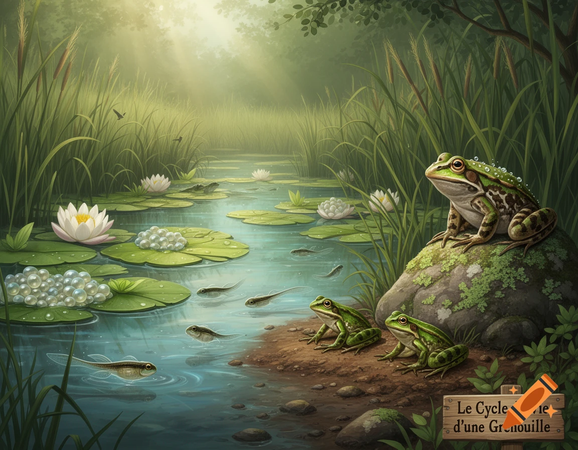 Vibrant illustration of a frog's life cycle in a pond, with adult frogs, tadpoles, and eggs on lily pads.