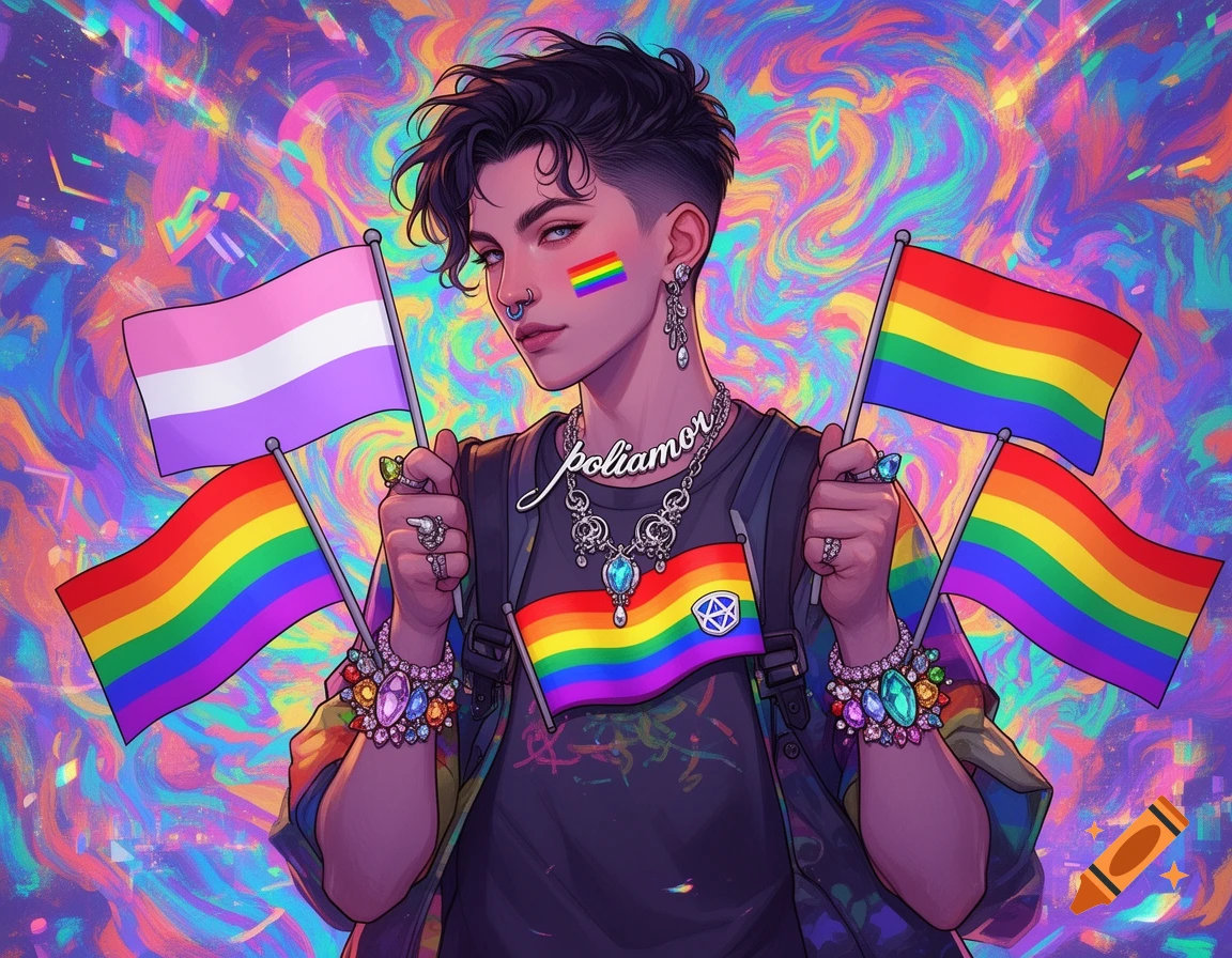 Stylized art of a person with short dark hair, nose piercing, holding transgender and rainbow pride flags against a vibrant abstract background.