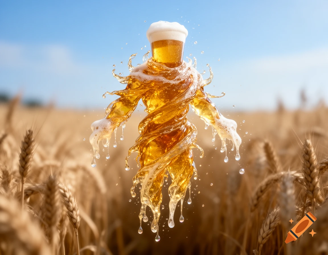 A dynamic beer-liquid figure with a glass head stands in a sunlit wheat field under a blue sky.