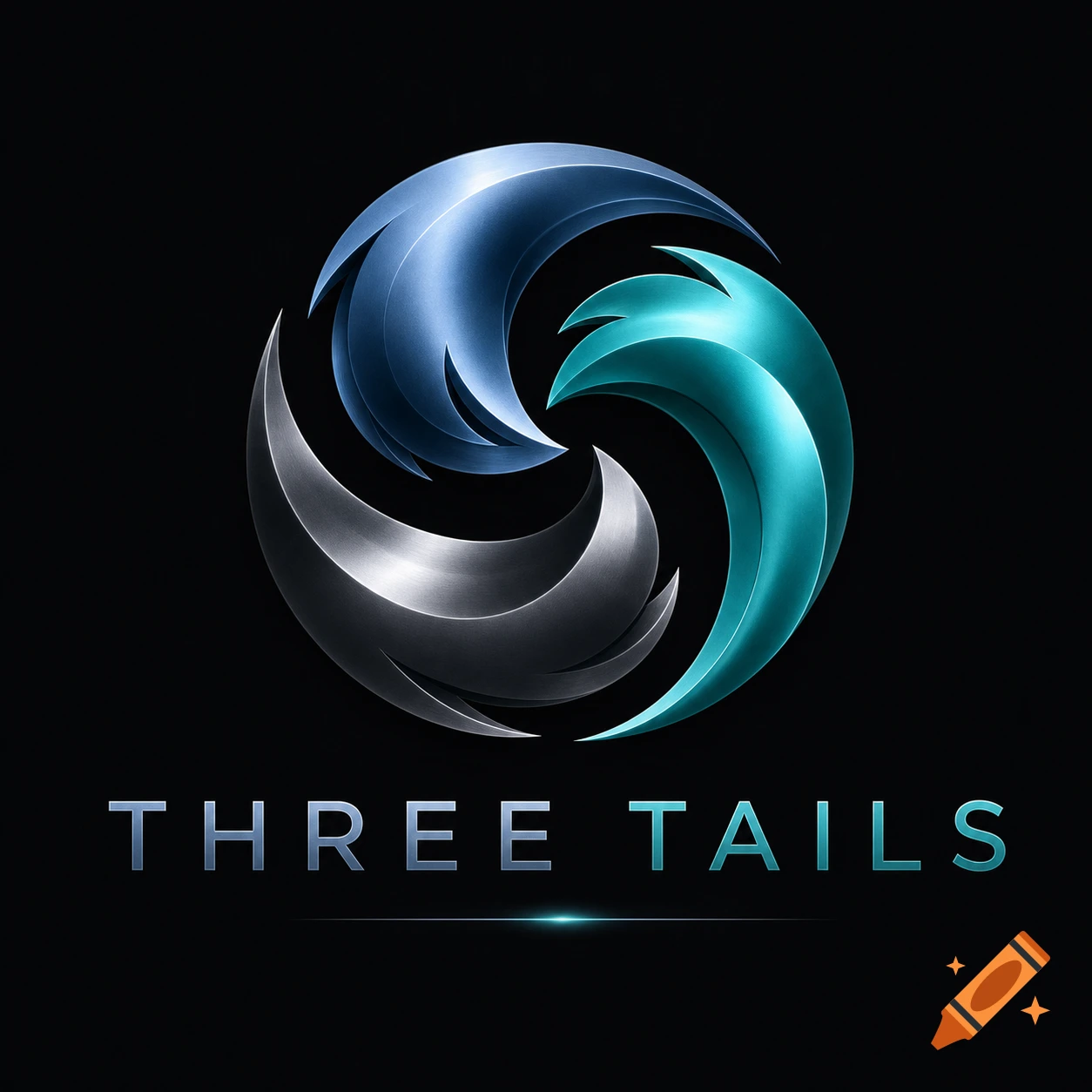 Metallic blue, teal, and silver abstract logo with three swirling shapes on a black background, with the text 'THREE TAILS' below.